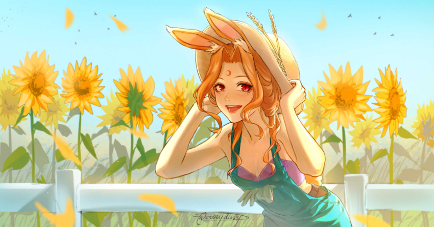 1girl animal_ears artist_name bent_over bird bra crescent crissydissy falling_petals fence field flower flower_field gloves green_gloves green_overalls hat holding holding_clothes holding_hat looking_at_viewer mole mole_under_eye orange_hair original outdoors overalls petals rabbit_ears red_eyes smile solo strapless strapless_bra sun_hat sunflower sunflower_field twitter_username underwear