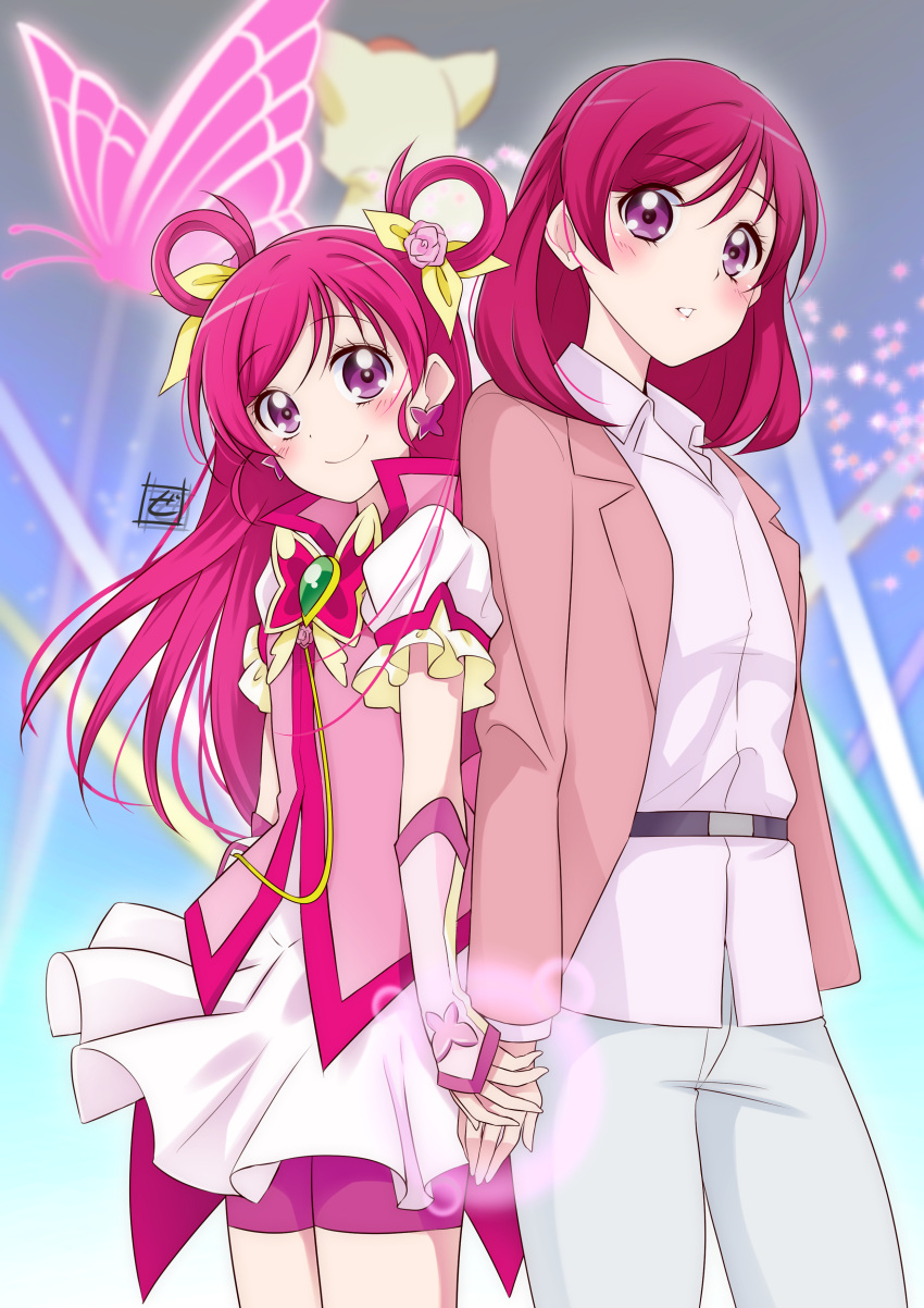 2girls absurdres artist_logo back-to-back back_bow bike_shorts bike_shorts_under_skirt blazer blouse blurry blurry_background bow bug butterfly butterfly_brooch butterfly_earrings closed_mouth coco_(yes!_precure_5) collared_shirt commentary_request cure_dream depth_of_field earrings frilled_sleeves frills gloves glowing_butterfly hair_ribbon half_gloves highres holding_hands jacket jewelry kibou_no_chikara_~otona_precure_'23~ light_particles light_rays long_hair looking_at_viewer magical_girl medium_hair miniskirt multiple_girls pants parted_lips partial_commentary pink_bow pink_hair pink_jacket pink_shorts popped_collar precure puffy_short_sleeves puffy_sleeves revision ribbon shirt short_sleeves shorts skirt smile standing time_paradox two_side_up violet_eyes white_gloves white_pants white_shirt white_skirt yellow_ribbon yes!_precure_5 yes!_precure_5_gogo! yumehara_nozomi zero-theme