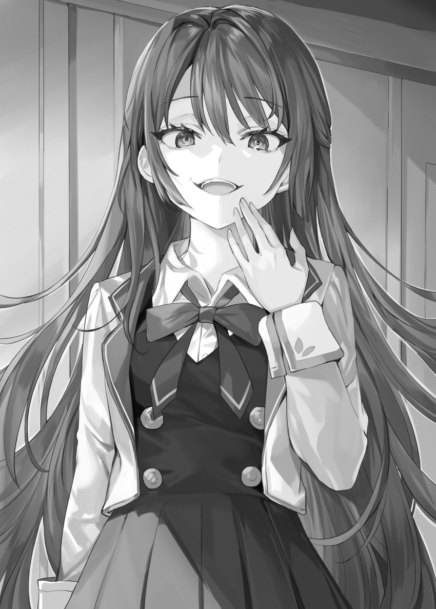1girl absurdres blazer bow bowtie collared_shirt commentary_request evil_grin evil_smile greyscale grin hand_to_own_mouth highres jacket looking_at_viewer momoko_(momopoco) monochrome novel_illustration official_art open_mouth pleated_skirt school_uniform second-party_source shirt skirt smile solo suou_yuki teeth tokidoki_bosotto_roshia-go_de_dereru_tonari_no_arya-san upper_teeth_only vest wing_collar