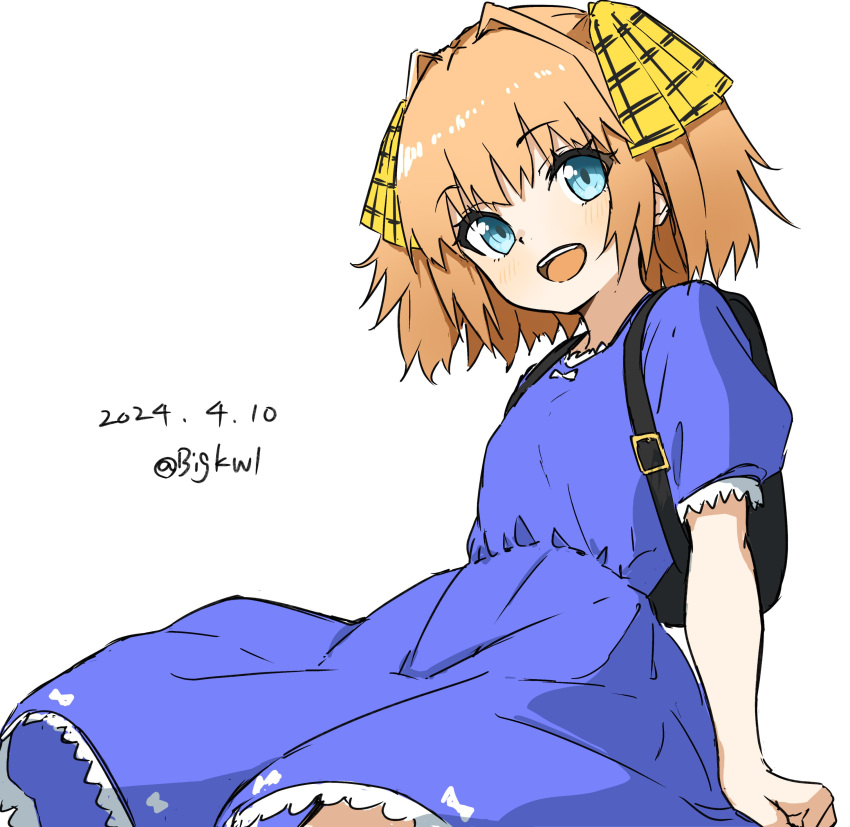 1girl absurdres backpack bag bigkwl blue_dress blue_eyes cowboy_shot dated dress hachijou_(kancolle) highres kantai_collection light_brown_hair official_alternate_costume one-hour_drawing_challenge ribbon simple_background smile solo twitter_username two_side_up white_background yellow_ribbon