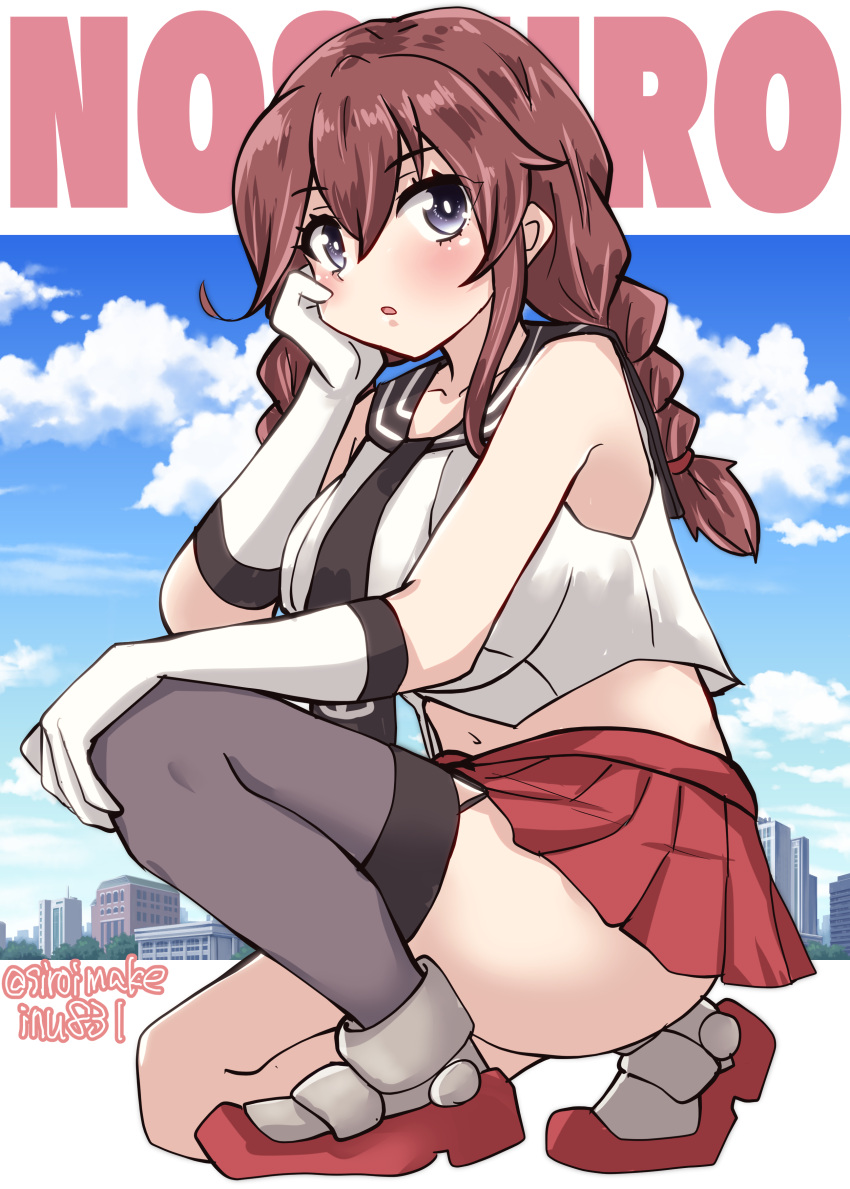 1girl absurdres black_necktie black_sailor_collar braid breasts brown_hair character_name cityscape gloves green_eyes grey_thighhighs highres kantai_collection kitahama_(siroimakeinu831) large_breasts long_hair looking_at_viewer navel necktie noshiro_(kancolle) one-hour_drawing_challenge red_skirt sailor_collar school_uniform serafuku shirt single_thighhigh skirt sleeveless sleeveless_shirt solo squatting swept_bangs thigh-highs twin_braids twitter_username white_gloves
