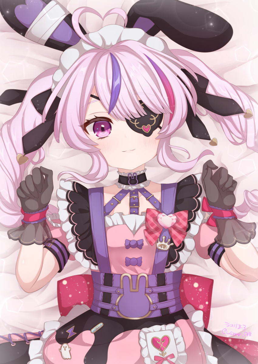 1girl :3 absurdres ahoge animal_ears black_gloves blurry blush bokeh depth_of_field drill_hair eyepatch fake_animal_ears gloves heart heart_ahoge highres lens_flare long_hair looking_at_viewer lying maid maid_headdress maria_marionette maria_marionette_(2nd_costume) multicolored_hair nijisanji nijisanji_en on_back on_bed pink_eyes pink_hair rabbit_ears signature smile solo streaked_hair twin_drills twitter_username usari_sk virtual_youtuber