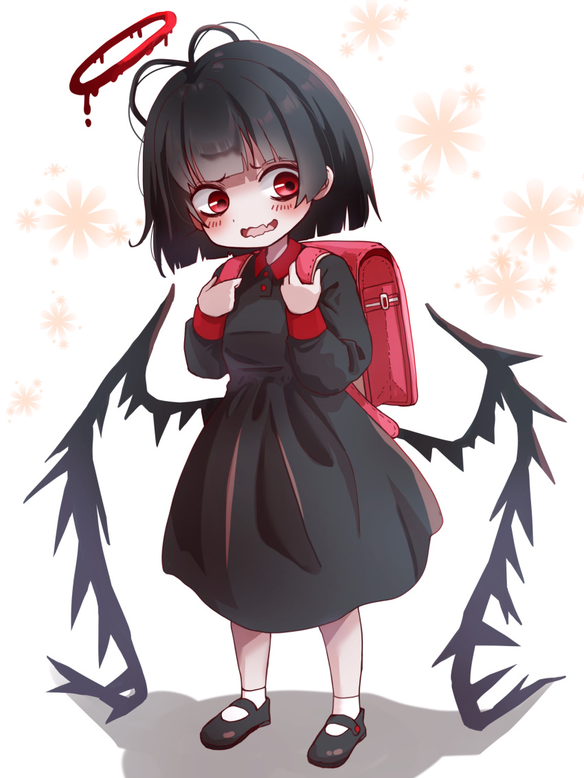1girl aged_down antenna_hair backpack bag black_dress black_footwear black_hair black_wings blood_halo blue_archive blunt_bangs blunt_ends blush bob_cut buttons child collared_dress commentary_request dress fang halo highres komena_(shinyday312) long_sleeves looking_at_viewer low_wings mary_janes nervous_smile open_mouth puffy_long_sleeves puffy_sleeves randoseru red_bag red_eyes shadow shoes short_hair simple_background skin_fang smile socks solo tsurugi_(blue_archive) wavy_mouth white_background white_socks wing_collar wings