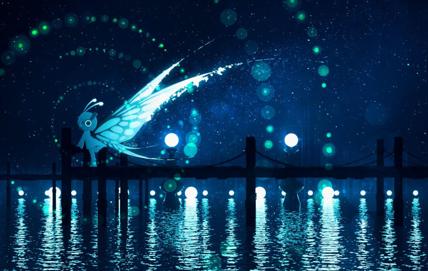 1girl against_railing antennae blue_theme bob_cut butterfly_wings from_side glowing glowing_wings headphones highres insect_wings jacket leg_up light_particles looking_afar loose_socks night night_sky original outdoors pier railing reflection reflective_water scenery short_hair sira0xff sky sleeves_past_fingers sleeves_past_wrists socks solo standing star_(sky) starry_sky water white_footwear white_hair white_jacket white_socks wings