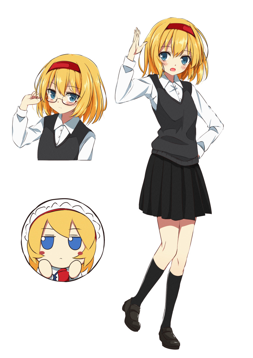 1girl absurdres alice_margatroid alternate_costume bespectacled black_skirt blonde_hair blue_eyes blush buttons closed_mouth collared_shirt commentary_request fumo_(doll) glasses hairband highres loafers long_sleeves medium_hair open_mouth pleated_skirt red_hairband school_uniform shirt shoes simple_background skirt solo touhou tsuukinkaisoku_oomiya white_background white_shirt