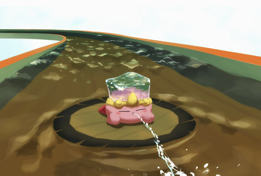 blush_stickers closed_eyes copy_ability highres kirby kirby_(series) lily_pad no_humans solo squirting_liquid super_mario_bros. super_mario_sunshine suyasuyabi water water_kirby