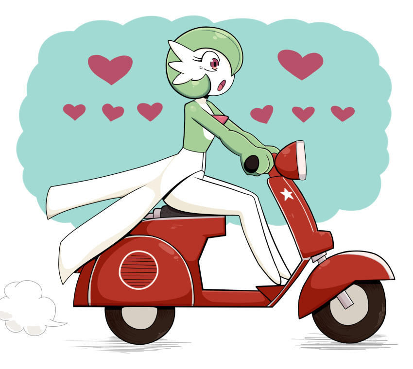 bob_cut colored_skin dress from_side gardevoir green_hair hair_over_one_eye heart highres motor_vehicle multicolored_skin on_scooter open_mouth pink_eyes pokemon pokemon_(creature) putri_(somedude1727) scooter simple_background star_(symbol) two-tone_skin white_dress white_skin