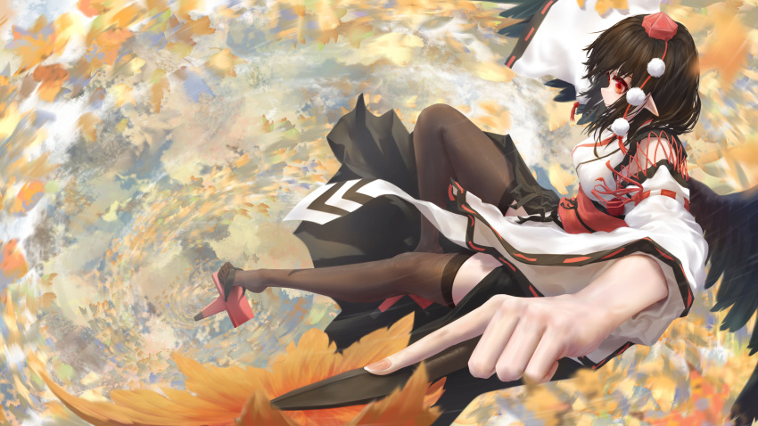 absurdres autumn_leaves bird_wings black_kimono black_thighhighs black_wings breasts bug commentary_request detached_sleeves falling_leaves fasnakegod feathered_wings fingernails fly geta hat highres japanese_clothes kimono kourindou_tengu_costume leaf legs long_sleeves medium_breasts pelvic_curtain pointy_ears pom_pom_(clothes) red_eyes red_footwear red_hat red_sash ribbon-trimmed_sleeves ribbon_trim sash shameimaru_aya short_hair side_slit tengu-geta thigh-highs tokin_hat touhou white_kimono wide_sleeves wings
