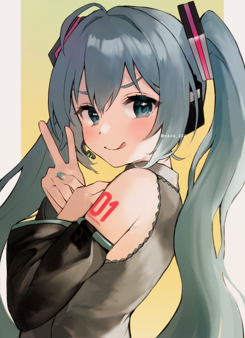 1girl :q absurdres aqua_eyes aqua_hair aqua_nails bad_id bad_pixiv_id border character_name closed_mouth detached_sleeves hatsune_miku headset highres long_hair looking_at_viewer looking_back number_tattoo shirt simple_background sleeveless sleeveless_shirt smile solo tananuki tattoo tongue tongue_out twintails twitter_username upper_body v vocaloid white_border yellow_background