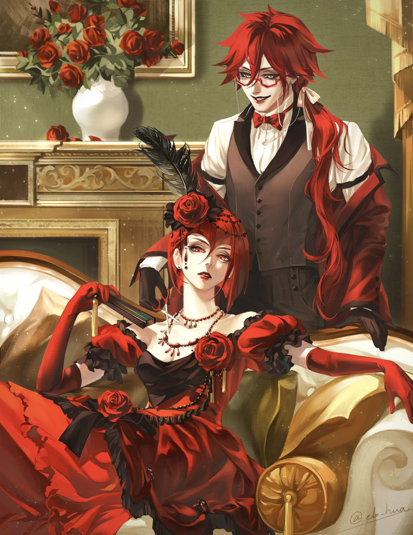 1boy 1girl black_gloves bob_cut bow bowtie brown_shorts brown_vest buttons couch dress eb016 elbow_gloves feather_hair_ornament feathers flower girly_boy gloves green_eyes grell_sutcliff hair_flower hair_ornament hand_fan highres holding holding_fan holding_scissors indoors jewelry kuroshitsuji long_hair looking_at_viewer madam_red necklace painting_(object) ponytail puffy_short_sleeves puffy_sleeves red-framed_eyewear red_bow red_bowtie red_dress red_eyes red_flower red_gloves red_lips redhead ribbon scissors semi-rimless_eyewear shirt short_hair short_sleeves shorts signature sitting vase vest victorian white_ribbon white_shirt