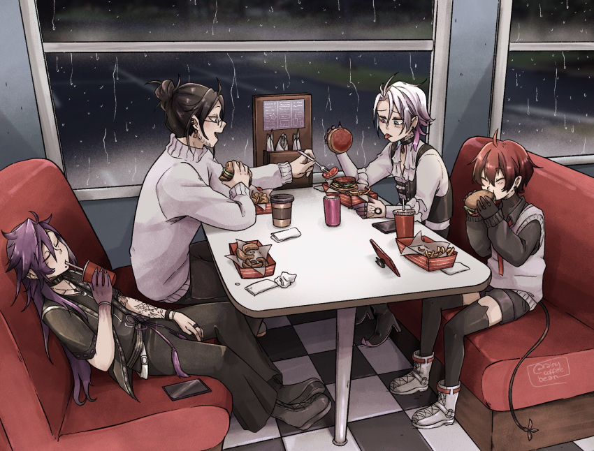 4boys ahoge arm_tattoo banzoin_hakka banzoin_hakka_(2nd_costume) black_choker black_gloves black_hair black_shorts black_thighhighs blue_eyes boots burger choker closed_eyes cross-laced_footwear diner drinking drinking_straw earrings eating english_commentary facial_hair food french_fries frilled_shirt frills from_side gavis_bettel gavis_bettel_(2nd_costume) glasses gloves gradient_skin hair_between_eyes hair_bun heterochromia high_heels highres holding holding_burger holding_food holostars holostars_english holotempus indoors jewelry josuiji_shinri josuiji_shinri_(2nd_costume) lace-up_boots long_hair machina_x_flayon machina_x_flayon_(2nd_costume) male_focus mechanical_tail multicolored_hair multiple_boys night open_mouth phone pink_eyes purple_hair rain rainycoffeebean redhead shiny_clothes shirt short_hair shorts sitting stubble sweater sweater_vest table tail tattoo thigh-highs tile_floor tiles tongue tongue_out turtleneck turtleneck_sweater twitter_username virtual_youtuber white_sweater window