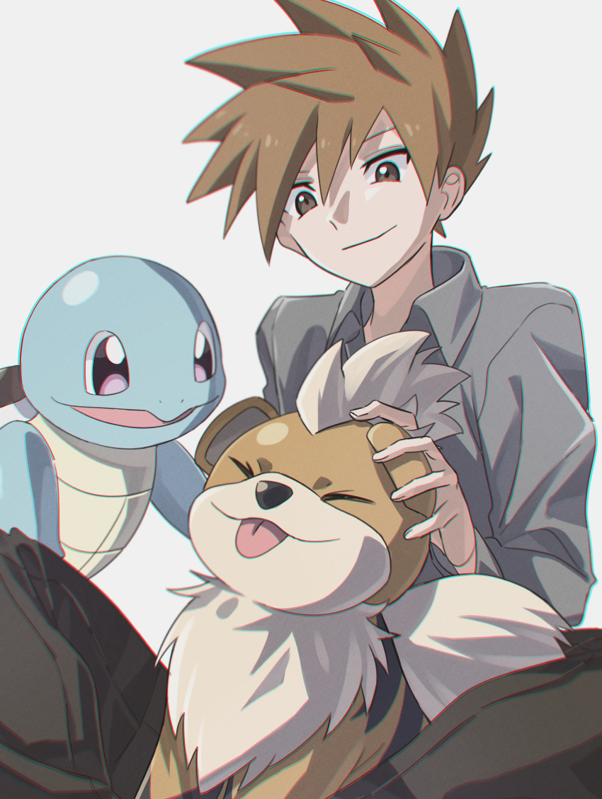 1boy absurdres alternate_costume blue_oak brown_eyes brown_hair chromatic_aberration closed_mouth collared_shirt grey_shirt growlithe highres jayj_824 looking_down male_focus pants petting pokemon pokemon_(creature) shirt short_hair smile spiky_hair squirtle white_background