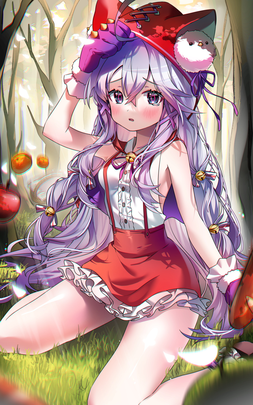 1girl absurdres animal_ear_hood apple armpits bell blush breasts brown_dust_2 chromatic_aberration crying dress feet_out_of_frame food forest frilled_skirt frills fruit fur-trimmed_gloves fur_trim gloves grey_hair hair_between_eyes hat_ornament highres hood jingle_bell long_hair looking_at_viewer melon motion_blur multicolored_hair nature nyaruin on_grass open_mouth orange_(fruit) purple_gloves red_hood red_skirt rou_(brown_dust) sitting skirt sleeveless sleeveless_dress small_breasts solo spiked_knuckles streaked_hair suspender_skirt suspenders very_long_hair violet_eyes wariza white_dress