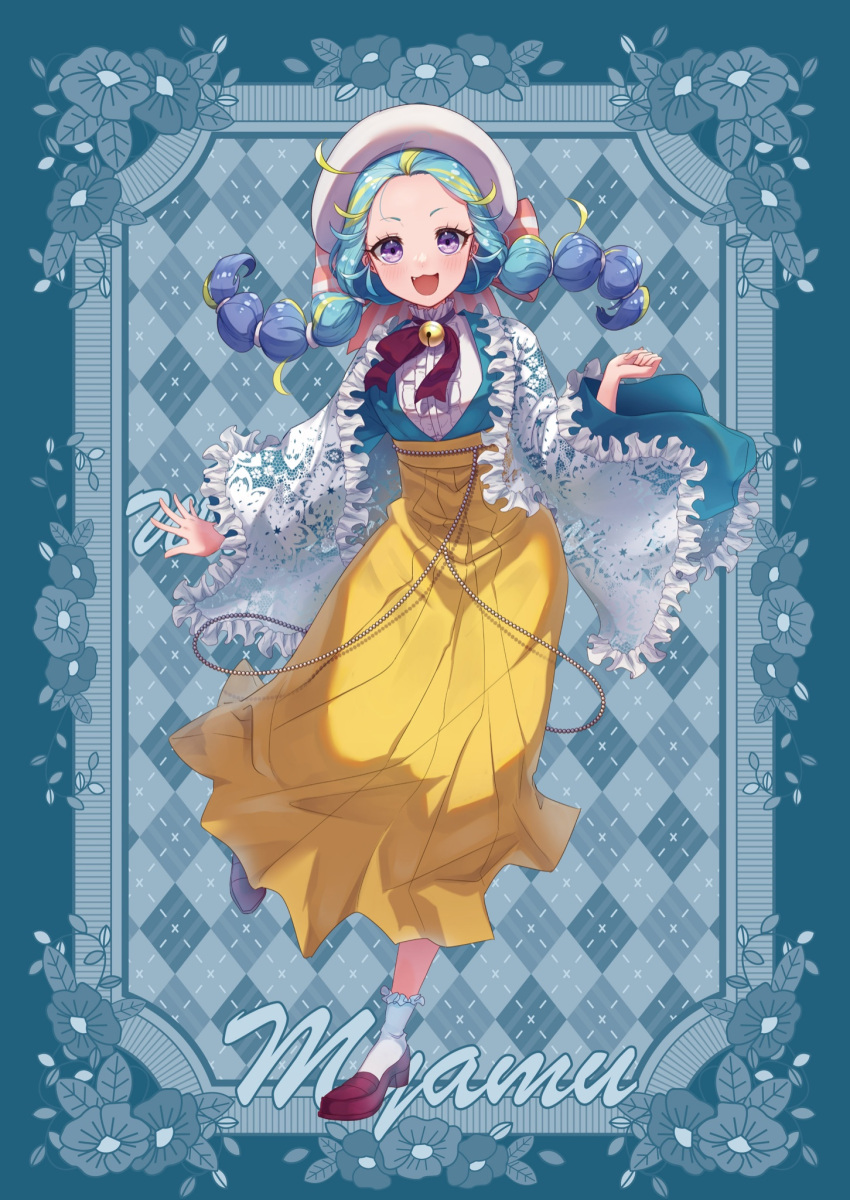 1girl :d argyle_background bell beret blonde_hair blue_background blue_hair center_frills character_name copyright_name fang flower frills full_body hat highres jingle_bell loafers long_hair long_skirt long_sleeves looking_at_viewer moukinui multi-tied_hair multicolored_hair myamu neck_ribbon open_mouth pretty_series red_footwear red_ribbon ribbon shirt shoes skirt smile socks solo standing standing_on_one_leg twintails violet_eyes waccha_primagi! white_hat white_shirt white_socks wide_sleeves yellow_skirt