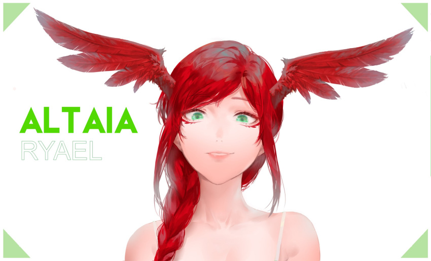 1girl altaia_(reyrah) braid character_name commission green_eyes hair_over_shoulder head_wings highres keibleh looking_at_viewer original redhead smile solo spaghetti_strap upper_body wings