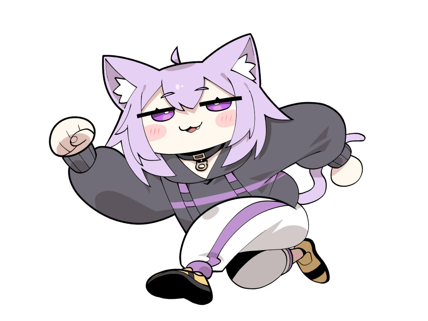 1girl :3 :d absurdres ahoge animal_ear_fluff animal_ears black_jacket blush cat_ears cat_girl cat_tail chibi clenched_hands cocomayo29_(tomato) commentary_request fang full_body highres hololive jacket korean_commentary long_sleeves looking_at_viewer medium_hair nekomata_okayu nekomata_okayu_(1st_costume) pants purple_hair simple_background smile solo tail violet_eyes virtual_youtuber white_background white_pants