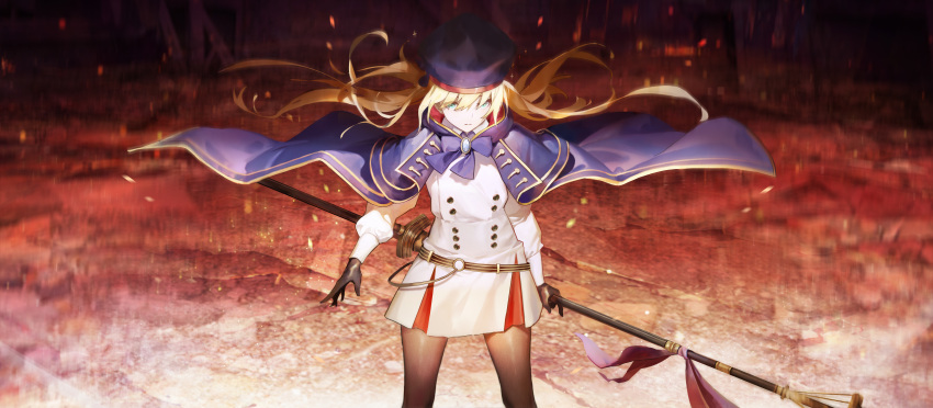 1girl absurdres artoria_caster_(fate) artoria_caster_(second_ascension)_(fate) artoria_pendragon_(fate) belt beret black_gloves blonde_hair blue_belt blue_cape blue_capelet blue_cloak bow buttons cape capelet cloak double-breasted dress fate/grand_order fate_(series) gloves green_eyes hat highres holding holding_staff hood hooded_cape long_hair long_sleeves looking_at_viewer marmyadose_(fate) mogamigawa_(mwft8758) multicolored_cape multicolored_capelet multicolored_cloak multicolored_clothes o-ring o-ring_belt ornament pantyhose solo staff striped_belt twintails