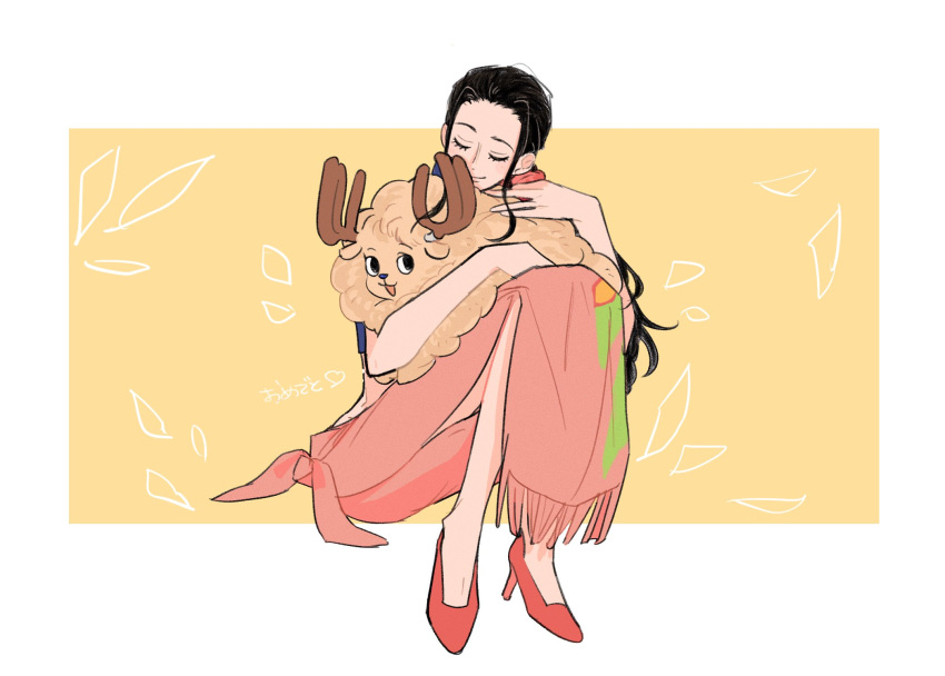 0goodiiy 1boy 1girl affectionate alternate_form antlers black_hair blue_jacket closed_eyes commentary cropped_jacket high_heels highres horns hug jacket long_hair nico_robin one_piece pink_sarong reindeer_antlers sidelocks sitting smile symbol-only_commentary tony_tony_chopper