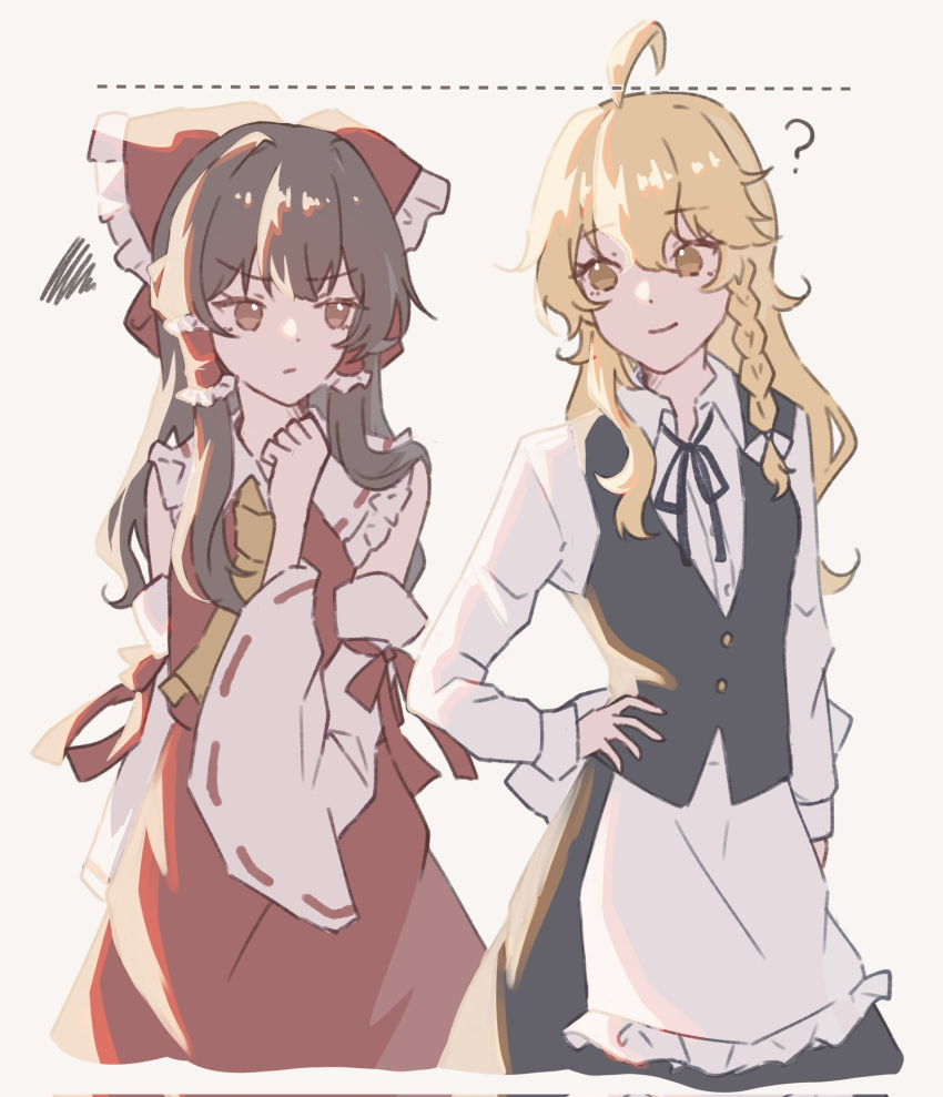 2girls ? ahoge angry apron arm_at_side ascot black_dress black_vest blonde_hair bow braid brown_hair clenched_hand collared_shirt commentary_request cowboy_shot detached_sleeves dress frills hair_tubes hakurei_reimu hand_on_own_hip hand_up height_conscious height_difference highres kirisame_marisa kyarin_(c_arin1012) light_smile long_hair long_sleeves looking_at_another multiple_girls neck_ribbon red_bow red_shirt red_skirt ribbon shirt simple_background single_braid skirt sleeveless standing touhou v-shaped_eyebrows vest white_apron white_background yellow_ascot yellow_eyes