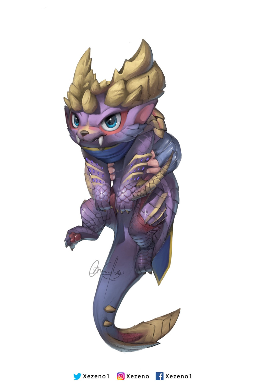 alternate_size animal arm_blade blue_eyes blue_scarf chibi claws creature cropped_arms facebook_username fangs fingerless_gloves gloves highres holding holding_animal horns instagram_username looking_at_viewer magnamalo monster_hunter_(series) monster_hunter_rise pointy_ears procreate_(medium) purple_scales scales scarf sharp_tail signature tail twitter_username weapon white_background xezeno