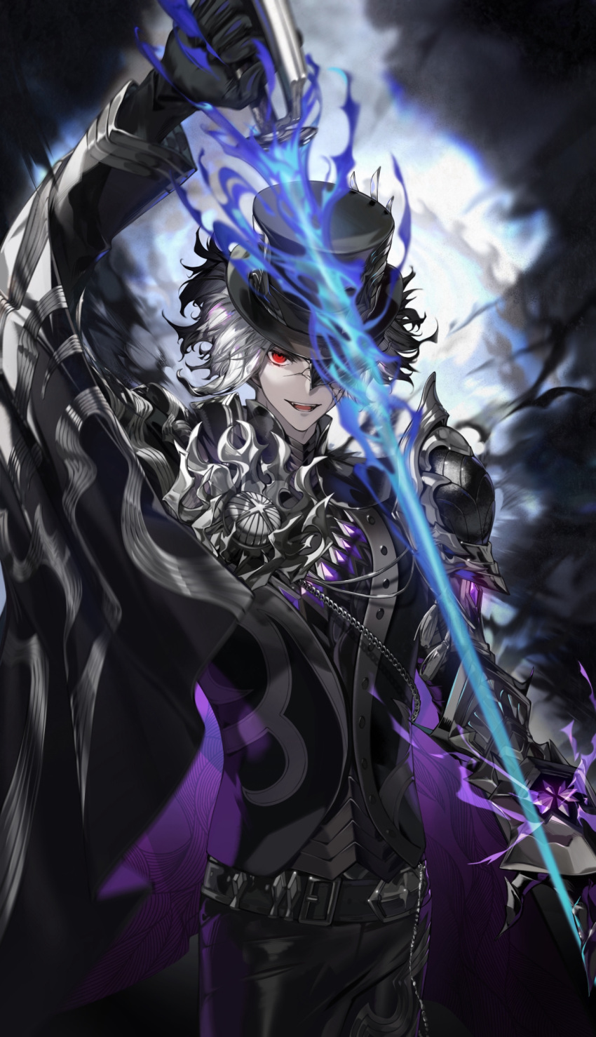 1boy arlizi arm_up black_background black_coat black_gloves black_hair black_hat black_vest blue_fire coat commentary_request cowboy_shot fate/grand_order fate_(series) fire flaming_sword flaming_weapon gloves gradient_hair grey_hair hat highres holding holding_sword holding_weapon looking_at_viewer male_focus multicolored_background multicolored_hair open_mouth red_eyes shaded_face smile solo spoilers sword the_count_of_monte_cristo_(fate) top_hat vest weapon white_background
