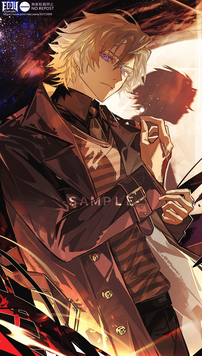 1boy absurdres black_coat black_jacket black_shirt blonde_hair buttons coat collared_shirt command_spell daybit_sem_void eeju fate/grand_order fate_(series) hair_between_eyes highres jacket long_sleeves male_focus necktie open_clothes open_jacket pants shirt short_hair trench_coat violet_eyes