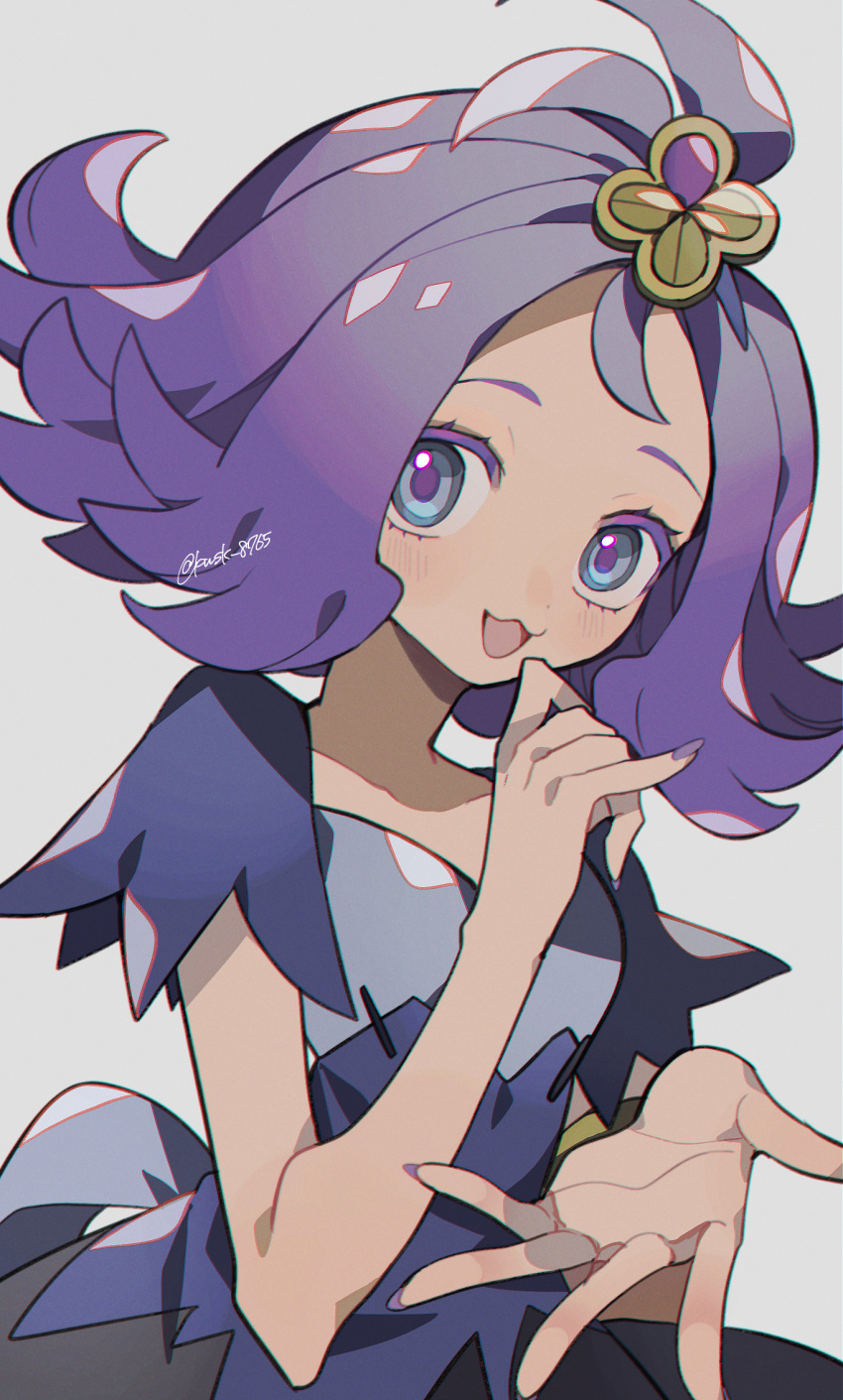 1girl acerola_(pokemon) dress flipped_hair hair_ornament highres kawasaki_(kwsk_8765) looking_at_viewer medium_hair multicolored_clothes multicolored_dress open_mouth pokemon pokemon_sm purple_hair short_sleeves simple_background smile solo topknot twitter_username violet_eyes