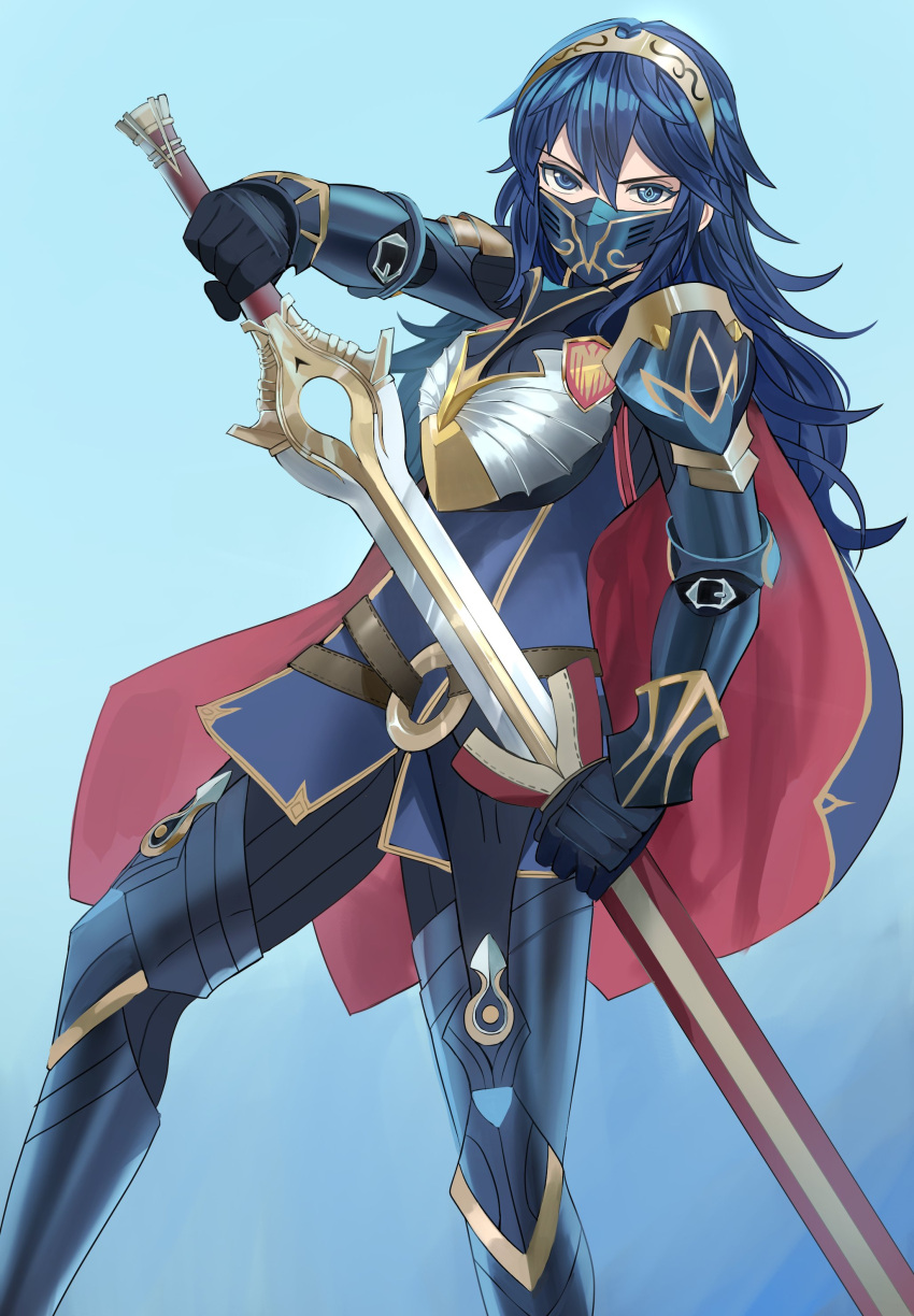 1girl absurdres armor blue_cape blue_eyes blue_gloves blue_hair brand_of_the_exalt cape falchion_(fire_emblem) fingerless_gloves fire_emblem fire_emblem_awakening gloves highres jourd4n long_hair lucina_(fire_emblem) mask tiara two-tone_cape