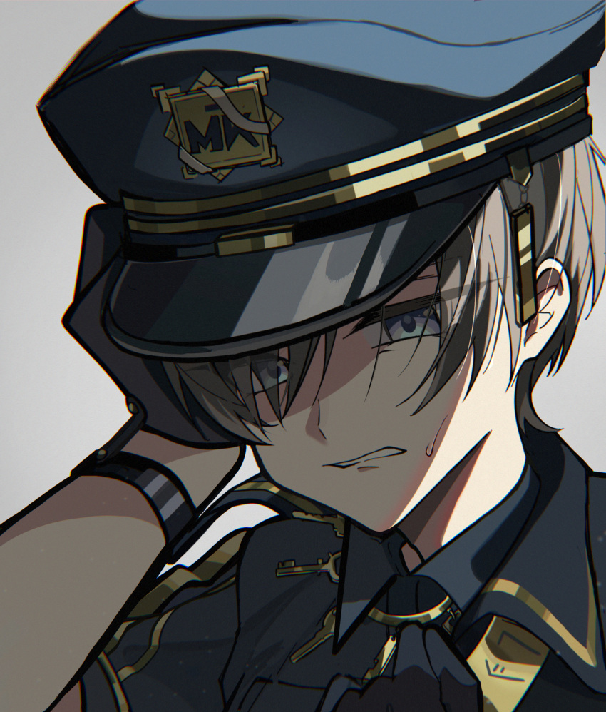 1other absurdres black_gloves blue_eyes brown_hair clenched_teeth collared_shirt dadadaifuku147 dress_shirt es_(milgram) gloves hair_over_one_eye hand_on_own_face hat highres jewelry key key_necklace looking_down milgram necklace nervous peaked_cap police police_uniform portrait shirt short_hair solo sweatdrop teeth uniform white_background