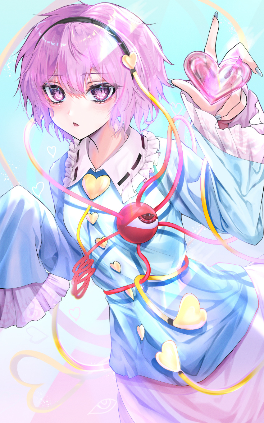 1girl absurdres arm_up black_hairband blue_background blue_nails blue_shirt buttons collared_shirt commentary_request hair_between_eyes hairband hand_up heart heart_button highres holding holding_heart komeiji_satori long_sleeves looking_at_viewer nail_polish nyarocks open_mouth pink_eyes pink_hair pink_skirt shirt short_hair skirt sleeves_past_fingers sleeves_past_wrists solo third_eye touhou wide_sleeves