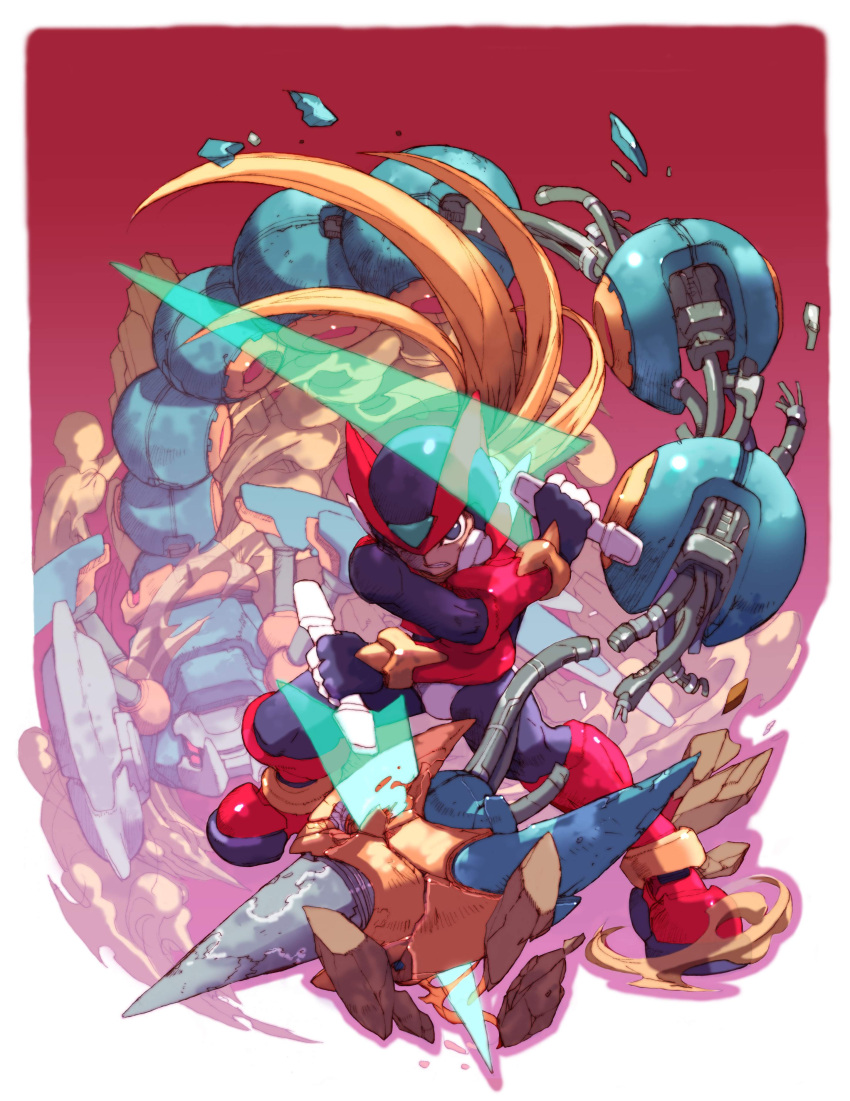 1boy absurdres archived_source armor battle blonde_hair dual_wielding energy_sword highres holding holding_sword holding_weapon long_hair male_focus mechanical_parts mega_man_(series) mega_man_zero_(series) mega_man_zero_2 nakayama_tooru non-humanoid_robot official_art red_armor red_background red_helmet robot robot_animal scorpion solo sword weapon z_saber zero(z)_(mega_man) zero_(mega_man)