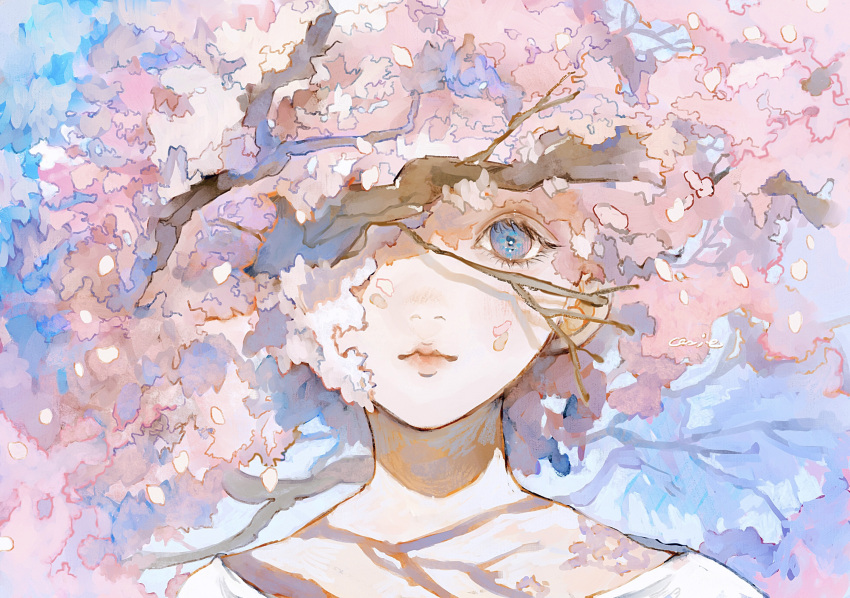 1girl artist_name blue_eyes branch cherry_blossoms day highres lipstick looking_at_viewer makeup one_eye_covered orie_h original outdoors portrait shadow short_hair