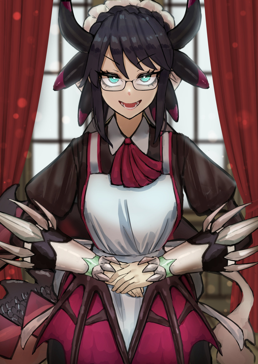 1girl absurdres adeshi_(adeshi0693119) apron black_hair curtains dragon_girl dragon_horns dragon_tail dragon_wings duel_monster glasses highres horns house_dragonmaid low_wings neckerchief open_mouth own_hands_together short_hair solo tail window wings yu-gi-oh!