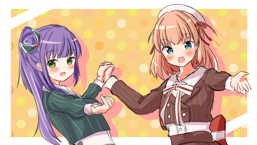 2girls aqua_eyes back_bow beret blunt_bangs blush bow bowtie brown_jacket cerise_bouquet collarbone cropped_jacket fortune_movie_(love_live!) green_eyes green_jacket hat highres hinoshita_kaho hisho_(rythm_hisho) holding_hands interlocked_fingers jacket link!_like!_love_live! long_hair long_sleeves looking_at_viewer love_live! medium_hair multiple_girls open_mouth orange_hair otomune_kozue plaid plaid_jacket purple_hair reaching reaching_towards_viewer red_bow side_ponytail sidelocks upper_body white_bow white_bowtie white_headwear