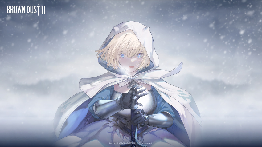 1girl absurdres artist_request black_gloves blizzard blonde_hair blue_dress blue_eyes blush breasts brown_dust_2 chest_armor cloak copyright_name demon_horns dress eyebrows_hidden_by_hair gloves hair_between_eyes heavy_breathing highres holding holding_sword holding_weapon hood hooded_cloak horns jewelry justia_(brown_dust) large_breasts necklace official_art official_wallpaper pearl_necklace second-party_source skirt small_horns snow solo steam_from_mouth sword upper_body vambraces weapon white_cloak white_skirt