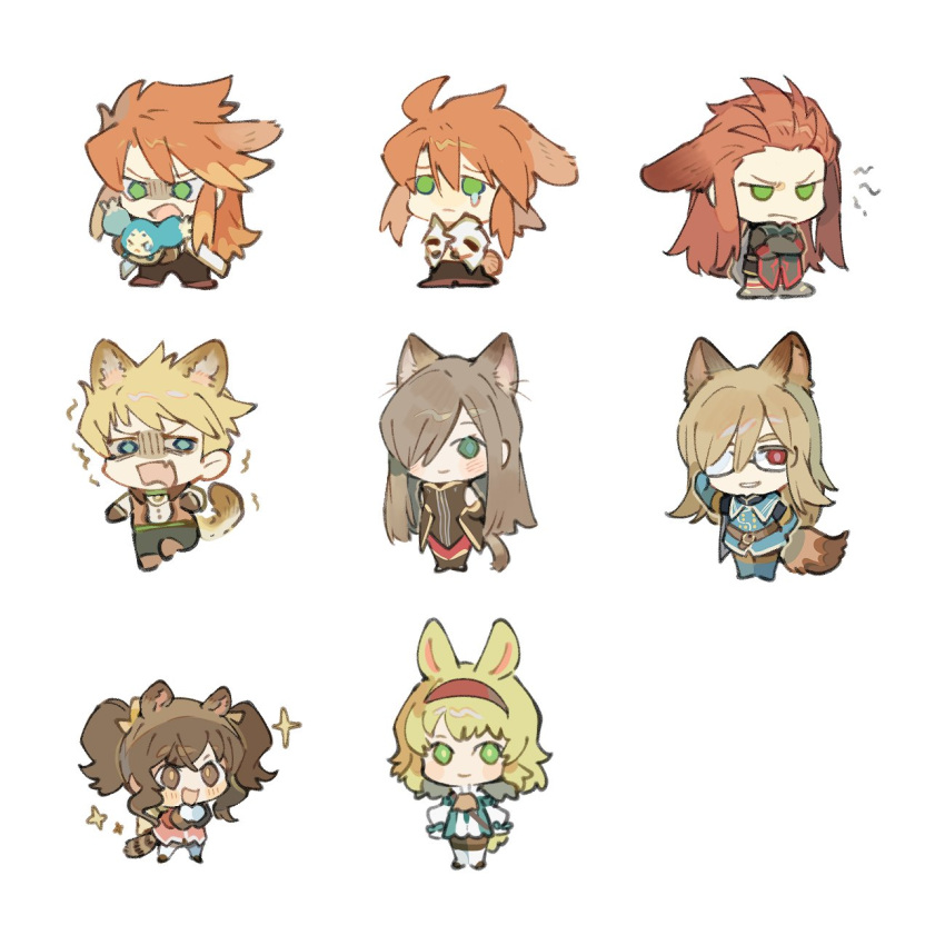 3girls 4boys adjusting_eyewear angry animal_ears anise_tatlin asch_(tales) ascot black_jacket black_pants blonde_hair blue_eyes blue_footwear blue_gloves blue_jacket blush brown_dress brown_eyes brown_footwear brown_hair cat_ears chibi closed_mouth commentary_request crossed_arms detached_sleeves dog_ears dress evil_smile fox_ears full_body glasses gloves green_eyes guy_cecil hair_between_eyes hair_over_one_eye hair_slicked_back hairband highres jacket jade_curtiss light_brown_hair long_hair looking_at_viewer luke_fon_fabre medium_hair mieu_(tales) military_uniform multiple_boys multiple_girls natalia_luzu_kimlasca_lanvaldear official_alternate_hair_length official_alternate_hairstyle open_mouth pants pink_dress rabbit_ears raccoon_ears red_eyes red_thighhighs redhead sad scared short_hair sidelocks single_tear sleeveless sleeveless_dress smile sparkle spiky_hair standing tail tales_of_(series) tales_of_the_abyss tear_grants thigh-highs trembling twintails uniform white_background white_gloves white_jacket xing_20 yellow_ascot