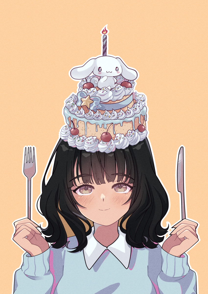 1girl absurdres black_hair blush brown_eyes cake candle cherry cinnamoroll collared_shirt food food_on_head fork fruit highres holding holding_fork holding_knife isosceless knife long_hair long_sleeves looking_up object_on_head original sanrio shirt smile solo sweater tan yellow_background