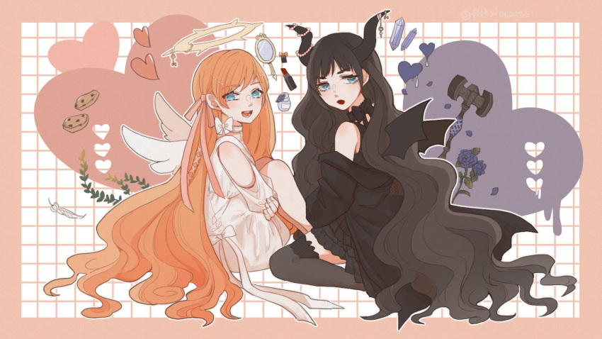 2girls :d angel_wings black_coat black_dress black_hair blue_eyes blue_flower blue_rose blush bottle coat collar cookie cosmetics demon_horns demon_wings dress expressionless ff14riocurar final_fantasy final_fantasy_xiv flower food frilled_collar frills gaia_(ff14) grid_background hair_ribbon halo hammer hand_mirror heart highres horns jewelry lipstick lipstick_tube long_hair looking_at_viewer makeup mirror multiple_girls off_shoulder orange_hair perfume_bottle pink_ribbon red_lips ribbon rose ryne_waters sitting smile spiked_halo twitter_username very_long_hair white_dress wings