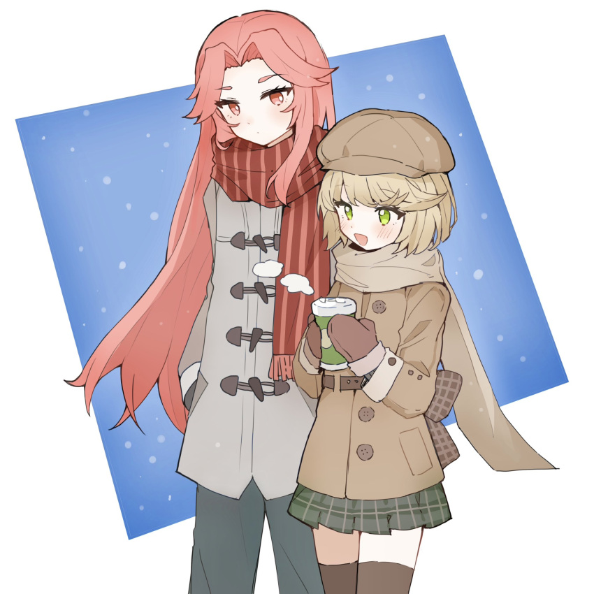 back_bow blonde_hair blush bow brown_coat coat cup green_eyes grey_coat hat heaven_burns_red highres holding holding_cup irene_redmayne looking_at_another maria_de_angelis night pants pleated_skirt red_scarf scarf short_hair skirt snow yuri