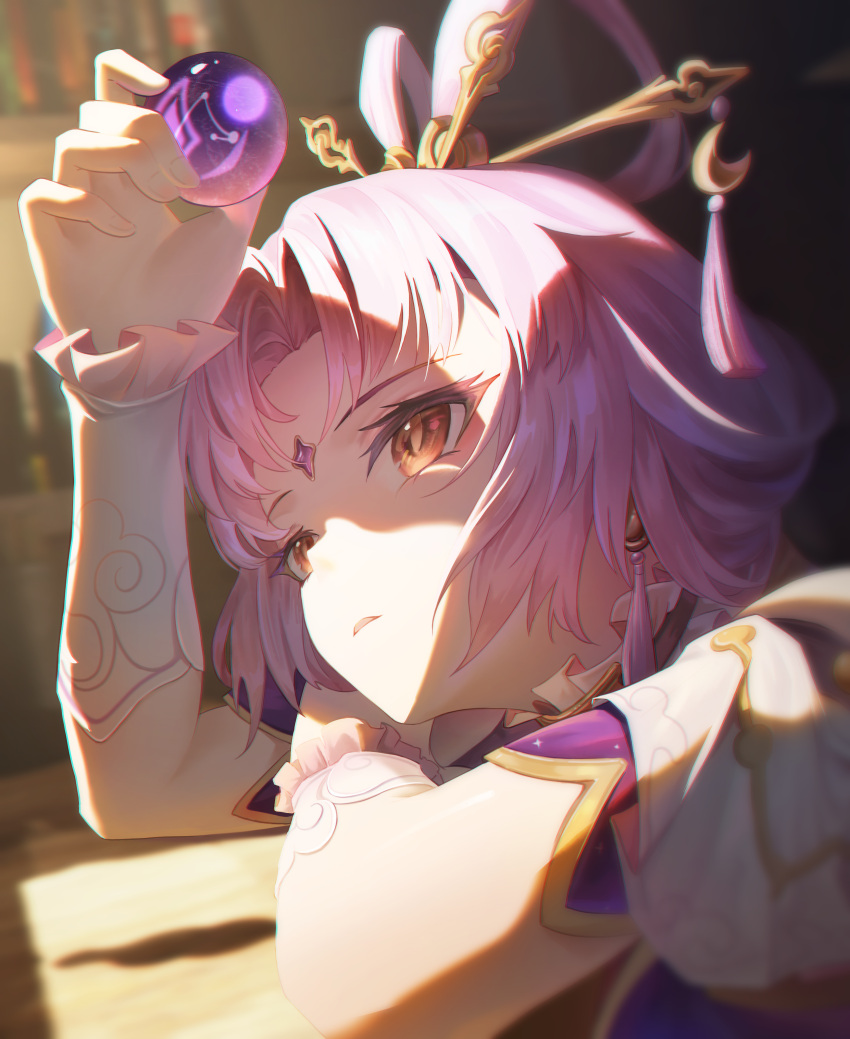 1girl absurdres blurry bow-shaped_hair chinese_commentary detached_sleeves forehead_jewel fu_xuan_(honkai:_star_rail) hair_ornament hair_rings hair_stick highres holding honkai:_star_rail honkai_(series) jewelry long_hair low_twintails orb parted_bangs parted_lips pink_hair solo tassel twintails upper_body yellow_eyes yomou_pawf4375