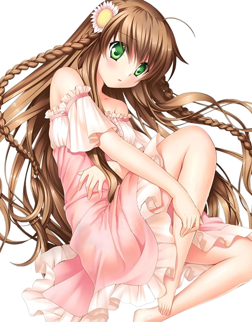 absurdres ahoge blush braid brown_hair dress flower green_eyes hair_between_eyes hair_flower hair_ornament highres hinoue_itaru kanbe_kotori long_hair non-web_source pink_dress pink_flower rewrite short_sleeves twin_braids very_long_hair