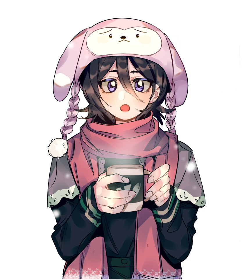1girl absurdres animal_ear_headwear animal_hat black_hair bleach chappy cup hair_between_eyes hat highres holding holding_cup kuchiki_rukia long_sleeves looking_at_viewer mug open_mouth pink_scarf scarf shawl solo steam upper_body violet_eyes white_background winter_clothes xi_luo_an_ya