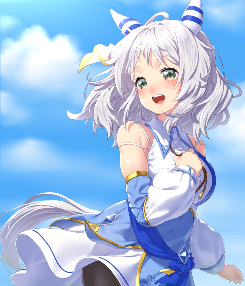 1girl animal_ears bare_shoulders blue_sky breasts brown_eyes clouds collared_dress detached_sleeves dress ear_covers ear_ornament eyebrows_hidden_by_hair grey_hair hair_ornament hand_on_own_chest highres hishi_miracle_(umamusume) horse_ears horse_girl horse_tail medium_breasts medium_hair onsoku_inu open_mouth sky solo tail teeth umamusume upper_teeth_only white_dress