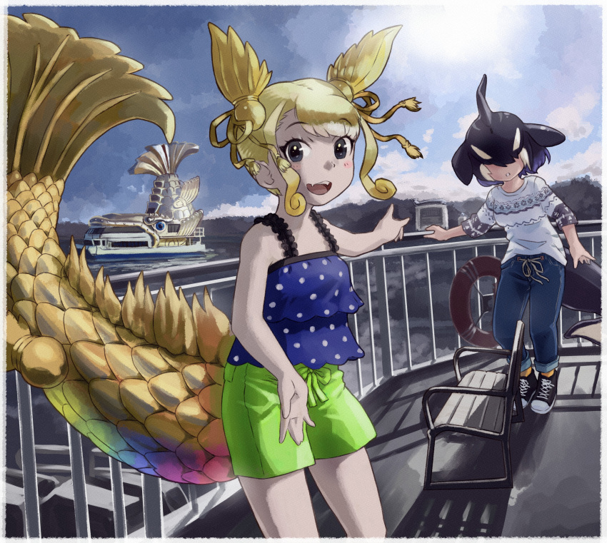 absurdres bare_arms bare_shoulders black_footwear black_hair blonde_hair blowhole blue_shirt blue_sweater blush casual cetacean_tail denim dorsal_fin fins fish_girl fish_tail frilled_shirt frills gold green_shorts hair_over_eyes head_fins highres jeans kemono_friends kemono_friends_3 kinshachi_(kemono_friends) looking_at_viewer multicolored_clothes multicolored_hair multicolored_sweater official_alternate_costume orca_(kemono_friends) orca_girl pants pointing polka_dot scales shirt shoes short_hair shorts sidelocks sneakers spaghetti_strap sweater tail toriny two-tone_hair white_hair white_sweater