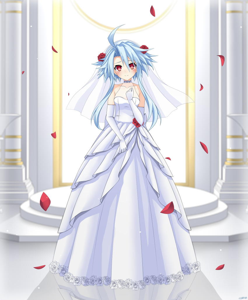 1girl absurdres ahoge alexstardust31 alternate_costume bare_shoulders blue_hair blush breasts bridal_veil bride choker commission dated dress elbow_gloves english_commentary falling_petals full_body gloves grey_choker hair_between_eyes highres leotard light_blue_hair light_smile looking_at_viewer neptune_(series) petals power_symbol power_symbol-shaped_pupils red_eyes reflective_floor short_hair_with_long_locks signature small_breasts solo standing symbol-shaped_pupils torn_clothes torn_leotard veil wedding_dress white_dress white_gloves white_heart_(neptunia)