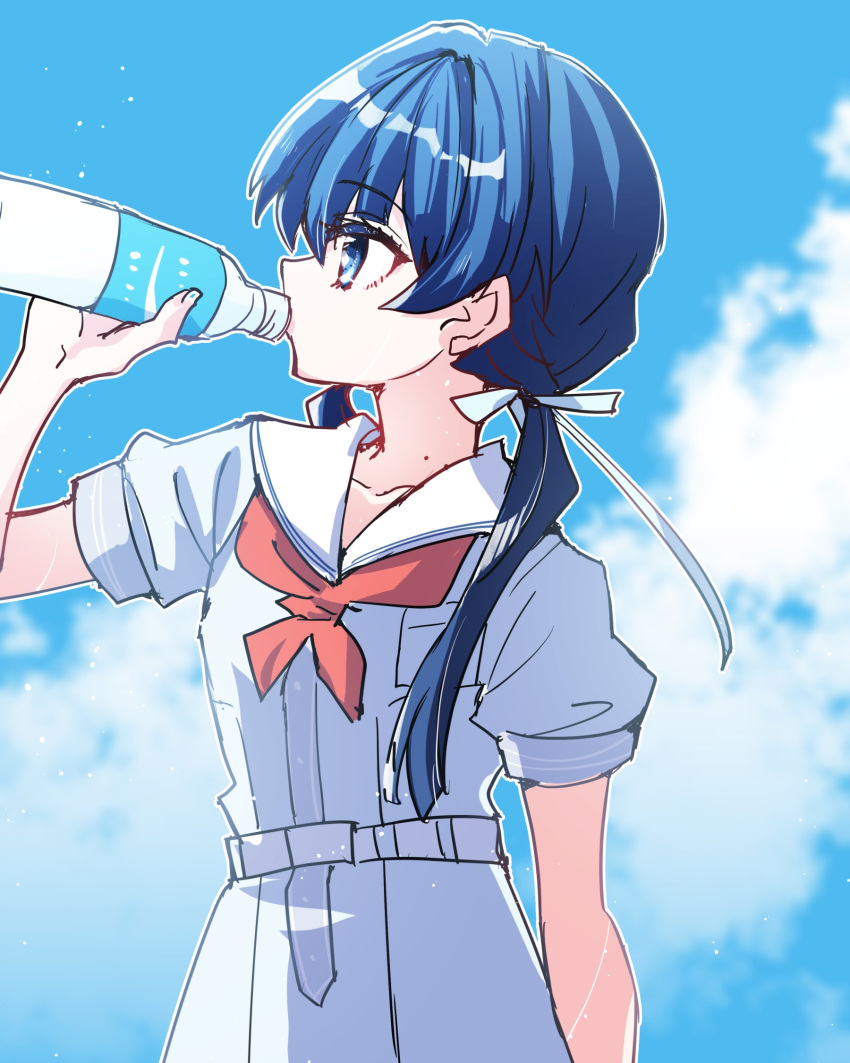 1girl blue_dress blue_eyes blue_hair blue_ribbon blue_sky bottle breast_pocket commentary cowboy_shot dark_blue_hair dress drinking hair_ribbon hasu_no_sora_school_uniform highres holding holding_bottle kanduki_kamibukuro link!_like!_love_live! long_hair looking_to_the_side love_live! low_twintails mole mole_on_neck murano_sayaka neckerchief plastic_bottle pleated_dress pocari_sweat pocket profile puffy_short_sleeves puffy_sleeves red_neckerchief ribbon sailor_collar sailor_dress school_uniform short_sleeves sky solo summer_uniform twintails virtual_youtuber white_sailor_collar