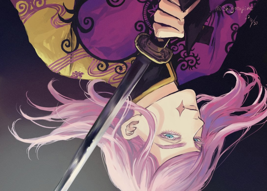 1boy aqua_eyes chinese_clothes closed_mouth collared_shirt expressionless floating_hair from_side holding holding_sword holding_weapon katana long_sleeves looking_at_viewer male_focus pink_hair portrait purple_shirt sanzu_haruchiyo scar scar_on_face shigotopine shirt simple_background solo sword tokyo_revengers upside-down weapon