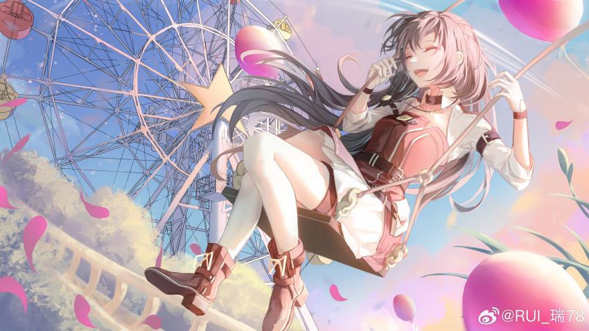 1girl :d ^_^ absurdres ankle_boots balloon belt belt_buckle belt_pouch black_hair boots brown_belt buckle bush closed_eyes clouds day detached_collar dress falling_petals ferris_wheel full_body gloves hair_between_eyes hair_ribbon happy heroine_(lovebrush_chronicles) highres jewelry long_hair lovebrush_chronicles official_alternate_costume pendant petals pouch ran_78 red_dress red_footwear red_ribbon ribbon sitting sleeve_garter sleeves_rolled_up smile solo star_(symbol) swing thigh_strap tress_ribbon weibo_logo weibo_username white_dress white_gloves