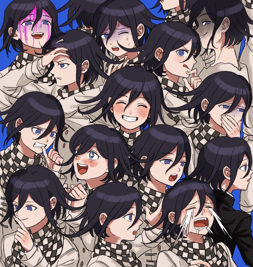+_+ 1boy :d ^_^ bad_id bad_twitter_id biting_own_finger black_jacket black_scarf black_sleeves blood blood_on_face blue_background blush buttons chain checkered_clothes checkered_scarf clenched_hands clenched_teeth closed_eyes collared_jacket covering_own_mouth crying danganronpa_(series) danganronpa_v3:_killing_harmony double-breasted evil_grin evil_smile finger_to_mouth fingernails frown furrowed_brow grin hair_between_eyes high_collar highres injury jacket long_sleeves male_focus multicolored_buttons multiple_views oma_kokichi open_mouth parted_lips pink_blood purple_hair renshu_usodayo saliva scarf school_uniform shaded_face short_hair simple_background smile sparkling_eyes streaming_tears sweat tearing_up tears teeth tongue tongue_out two-tone_scarf upper_body upper_teeth_only v-shaped_eyebrows violet_eyes white_jacket white_scarf white_sleeves