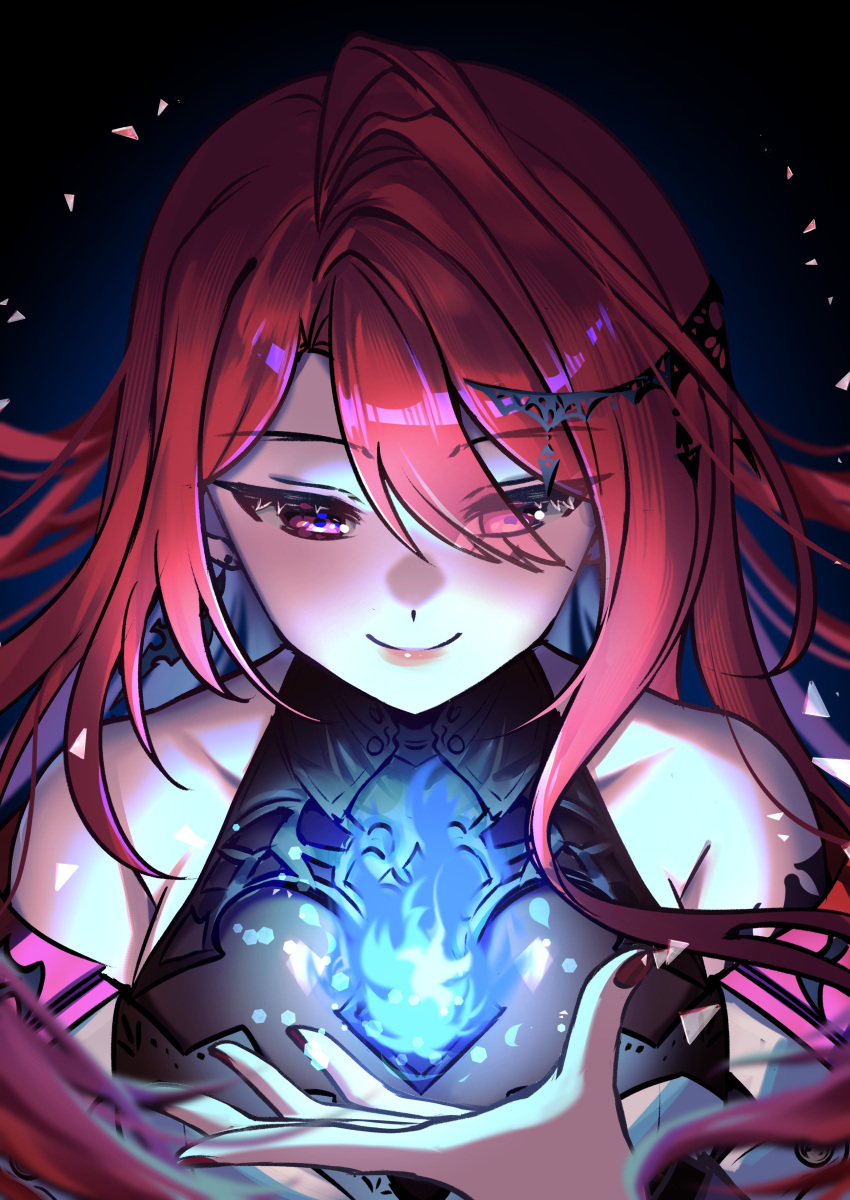 1girl absurdres ahoge blue_fire dark_background earrings elizabeth_rose_bloodflame fire hair_ornament highres hololive hololive_english huge_ahoge jewelry light_particles long_hair looking_down red_eyes redhead ryuuxin smile solo upper_body very_long_hair virtual_youtuber